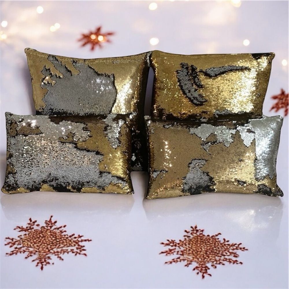NWOT NEW Four (4) Aviva Stanoff Mermaid Sequin Gold/Silver/Black Luxury Pillows